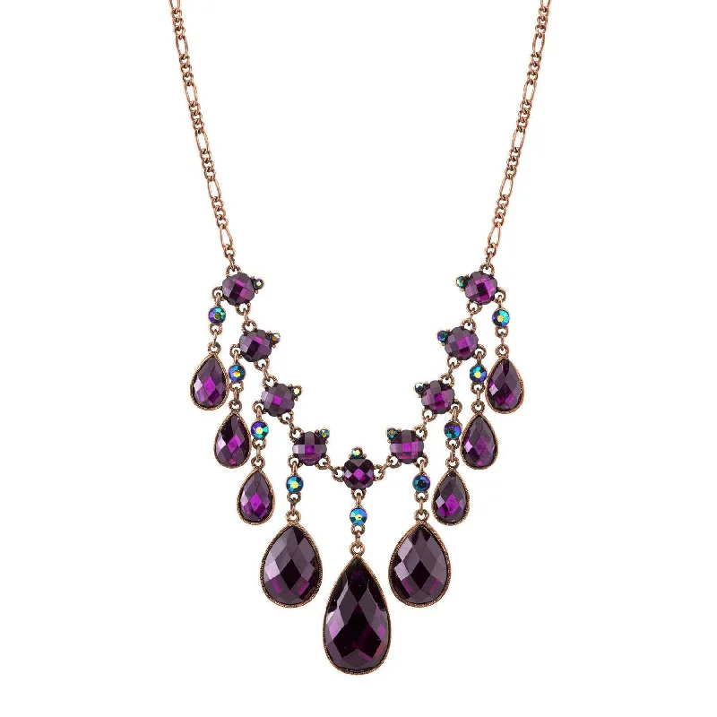 geometric silver necklace -2028 Jewelry Burnished Purple With Ab Crystal Accent Teardrop Bib Necklace 16" + 3" Extender