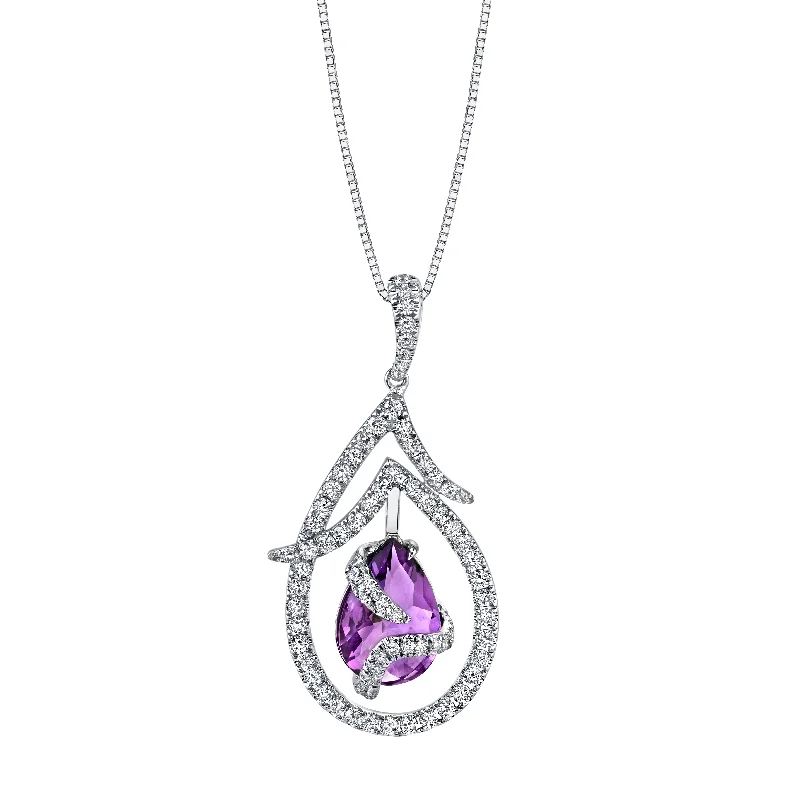 retro gemstone necklace -14K White Gold Diamond Necklace With Dangling Amethyst Gemstone