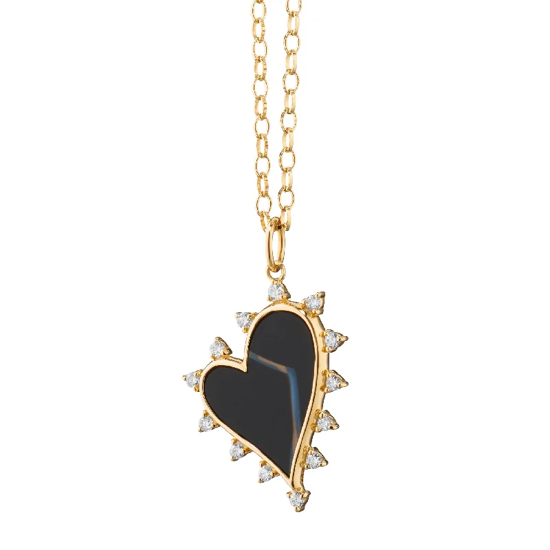 geometric necklace design -Black Agate Heart Necklace with Diamonds