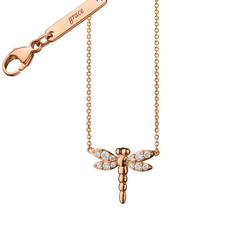 fashion necklace for women -Diamond Critter Dragonfly "Grace" 18K Rose Gold Necklace