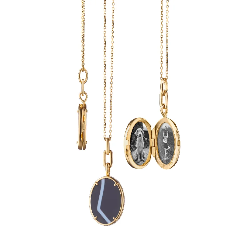 delicate gold necklace -"Elle" Striped Black Agate Stone Slim Locket Necklace