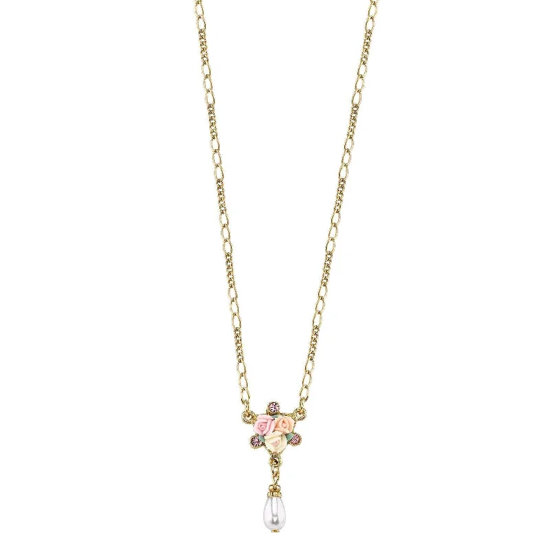 flower necklace for women -1928 Bridal Crystal Ivory And Pink Porcelain Rose Faux Pearl Necklace 16" + 3" Extender