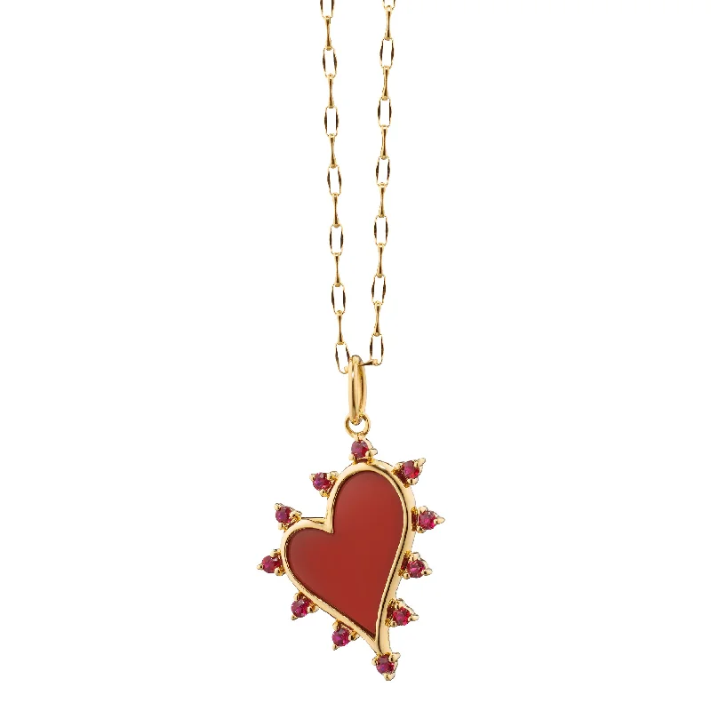 large gold charm necklace -Red Carnelian Heart Necklace with Rubies