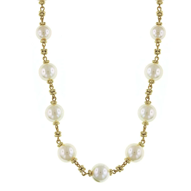 retro style necklace -1928 Jewelry White Faux Pearl Beaded Necklace 16" + 3" Extender