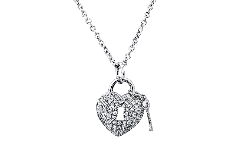 infinity charm necklace for women -14K White Gold Diamond Heart Lock And Key Necklace