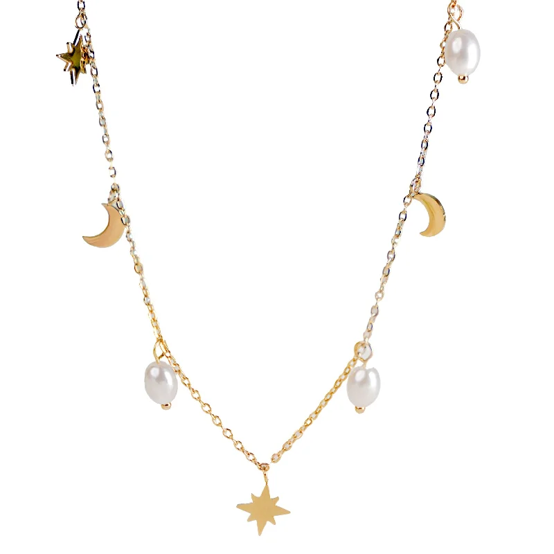 pearl and diamond necklace -Sun & Moon 18K Gold Plated Necklace