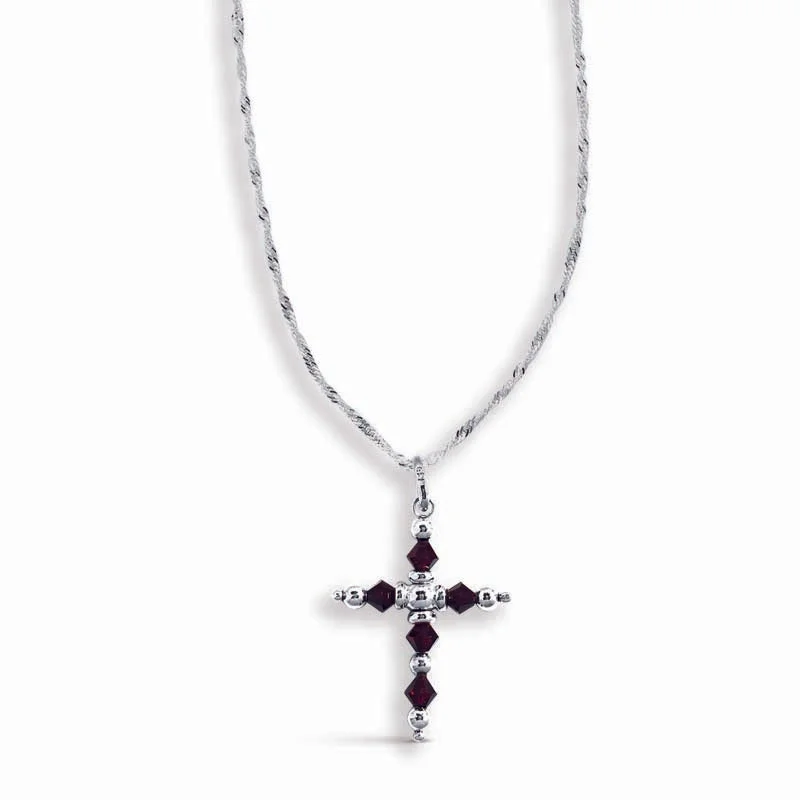 silver moonstone necklace -STERLING SILVER CROSS NECKLACE WITH GARNET SWAROVSKI CRYSTALS