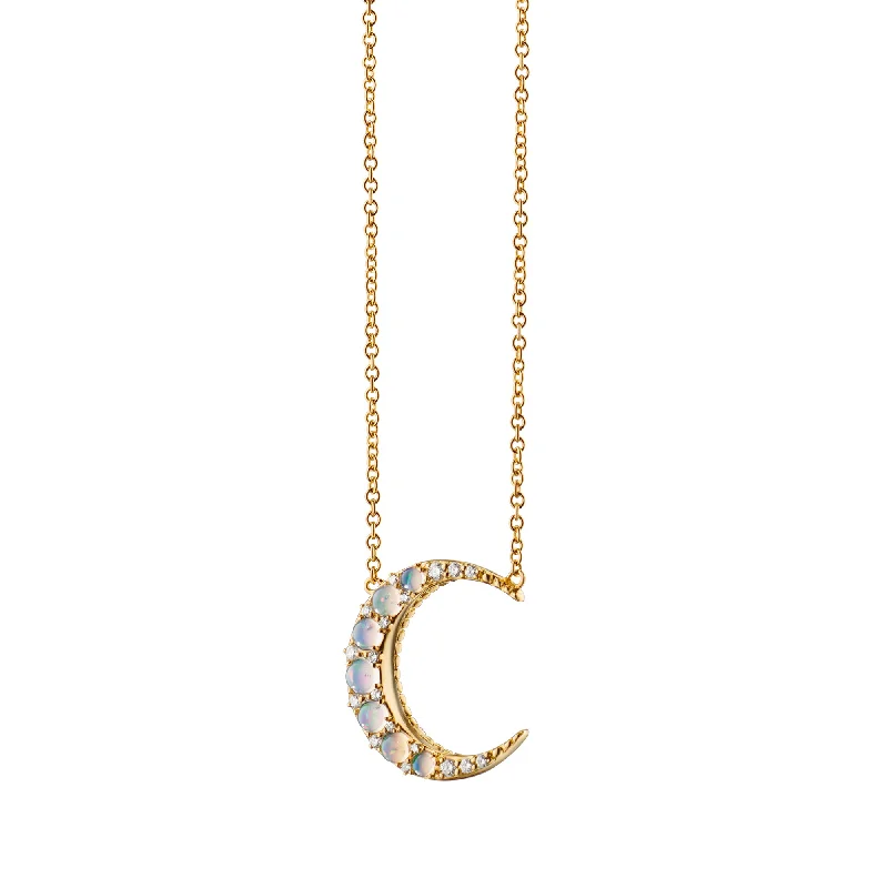 gold chain necklace for women -Water Opal Midi Crescent Moon Necklace with Diamonds