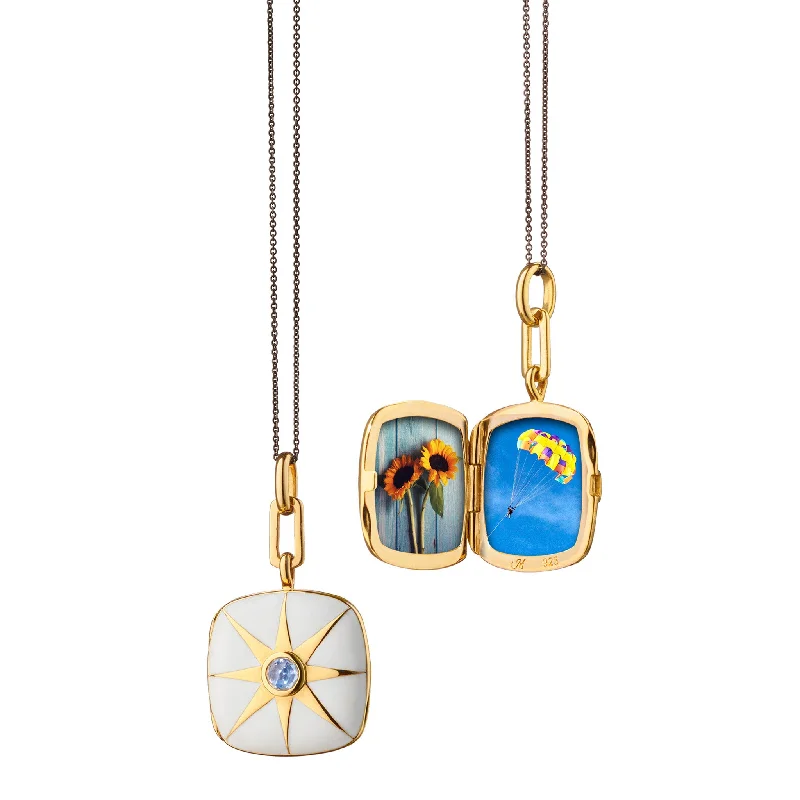 rustic charm necklace -White Enamel Vermeil Cushion Locket with Blue Sapphire