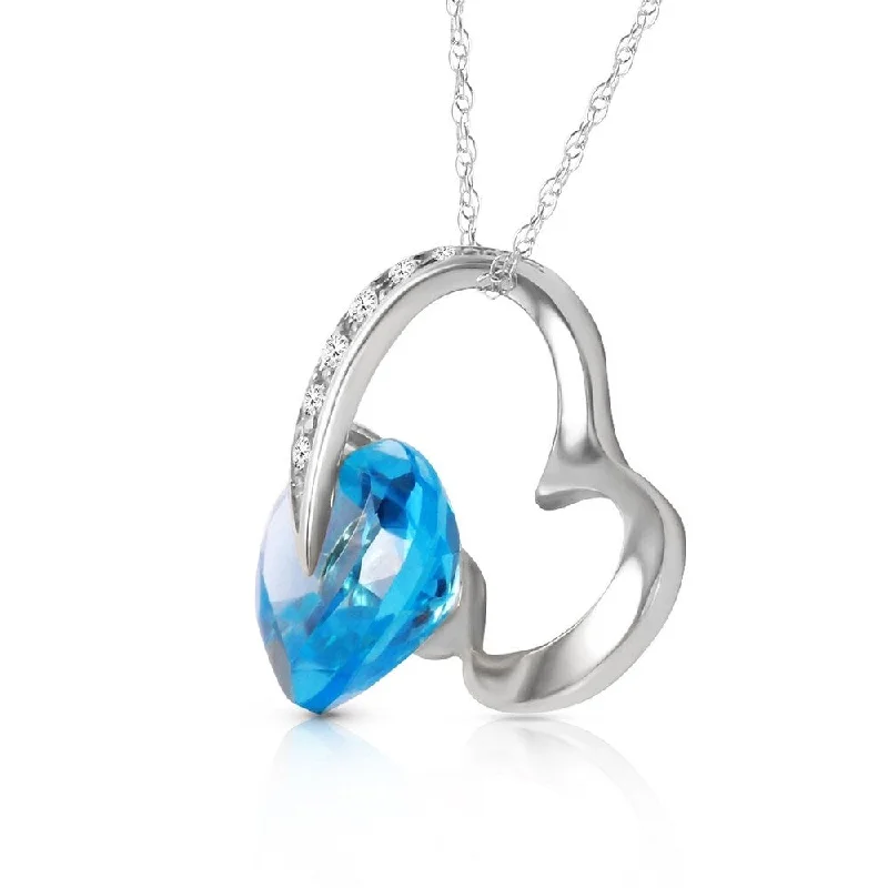 hand-crafted pendant necklace -14K Solid White Gold Heart Necklace with Natural Diamonds & Blue Topaz