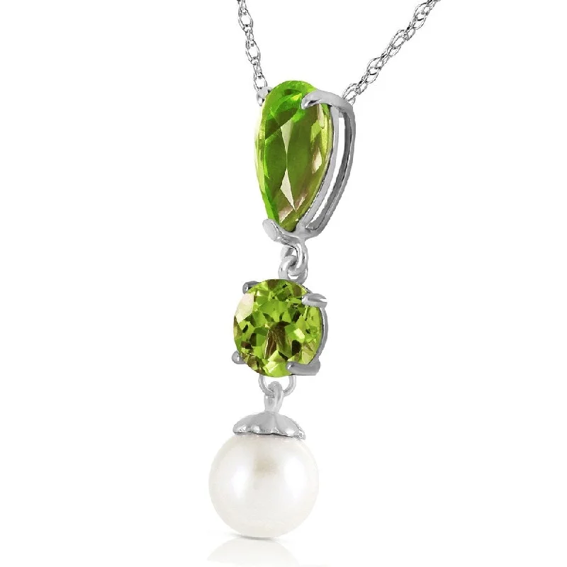 cute charm necklace -5.25 Carat 14K Solid White Gold Chat Blanc Peridot Pearl Necklace