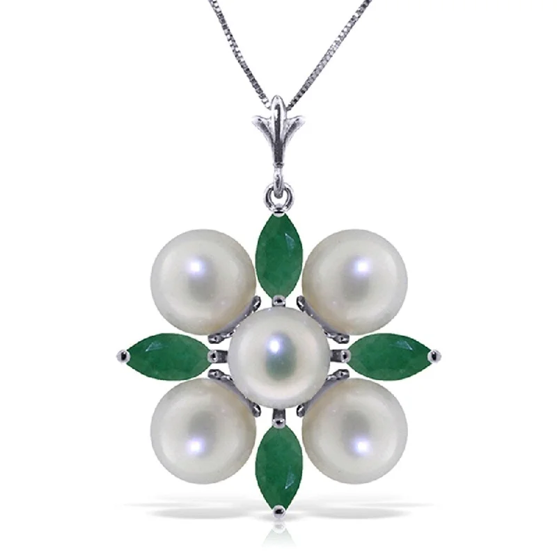 geometric necklace design -6.3 Carat 14K Solid White Gold This Is Perfect Emerald pearl Necklace