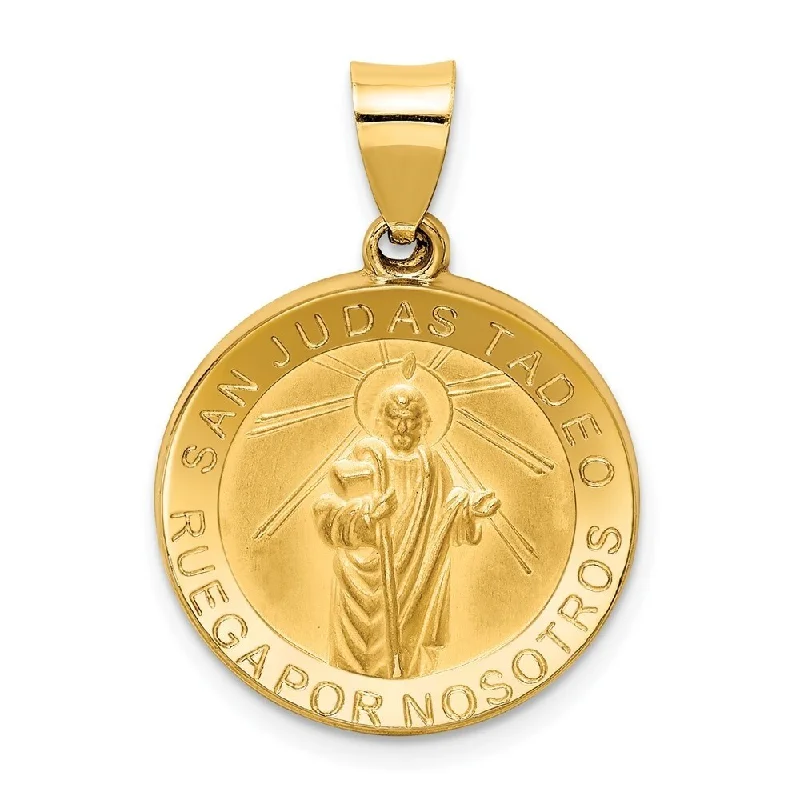 custom gold charm necklace -Diamond2Deal 14K Yellow Gold Polished Satin Hollow Spanish St. Jude Thaddeus Medal Pendant (L- 26.6 mm, W- 18.8 mm)