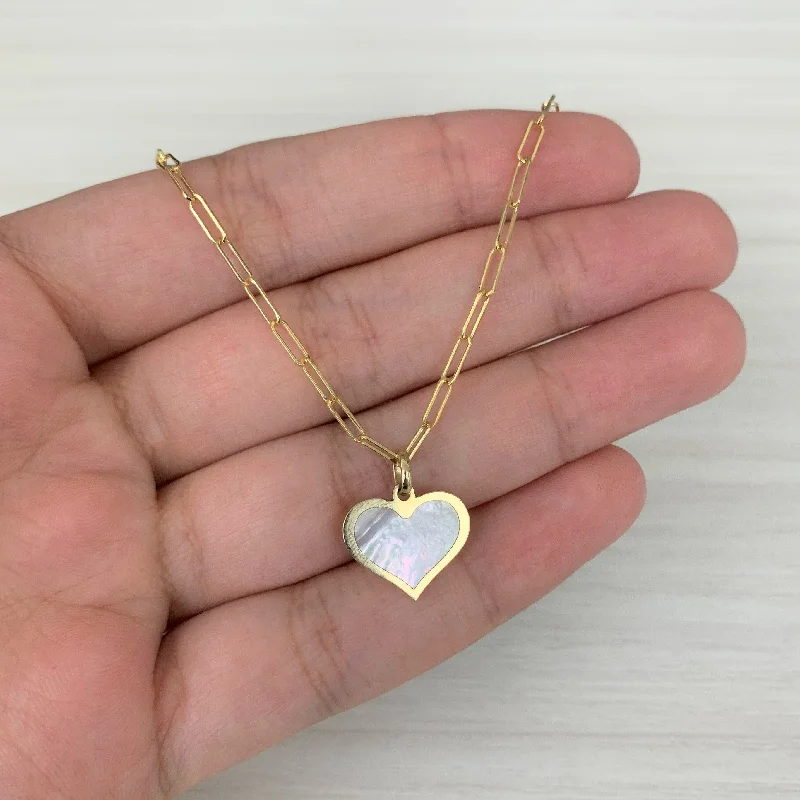 bohemian necklace design -Joelle Mother of Pearl Heart Pendant on 14K Yellow Gold Paperclip Chain 16-inch