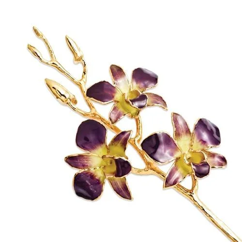 friendship necklace sets -Lacquer Dipped 24k Gold Trimmed Purple and Yellow Dendrobium Orchid Stem