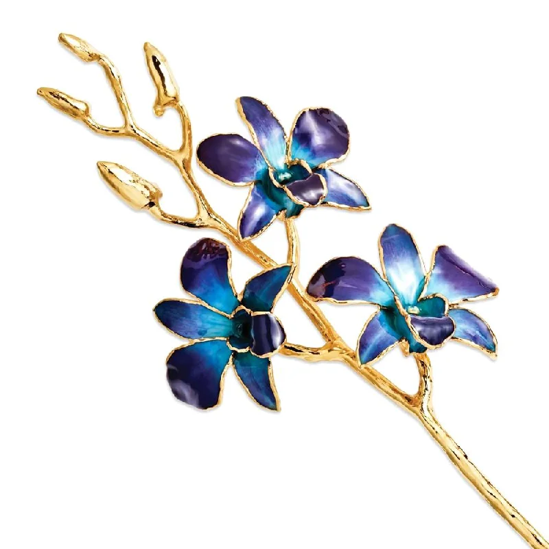 simple silver necklace -Lacquer Dipped 24k Gold Trimmed Purple and Blue Orchid Stem