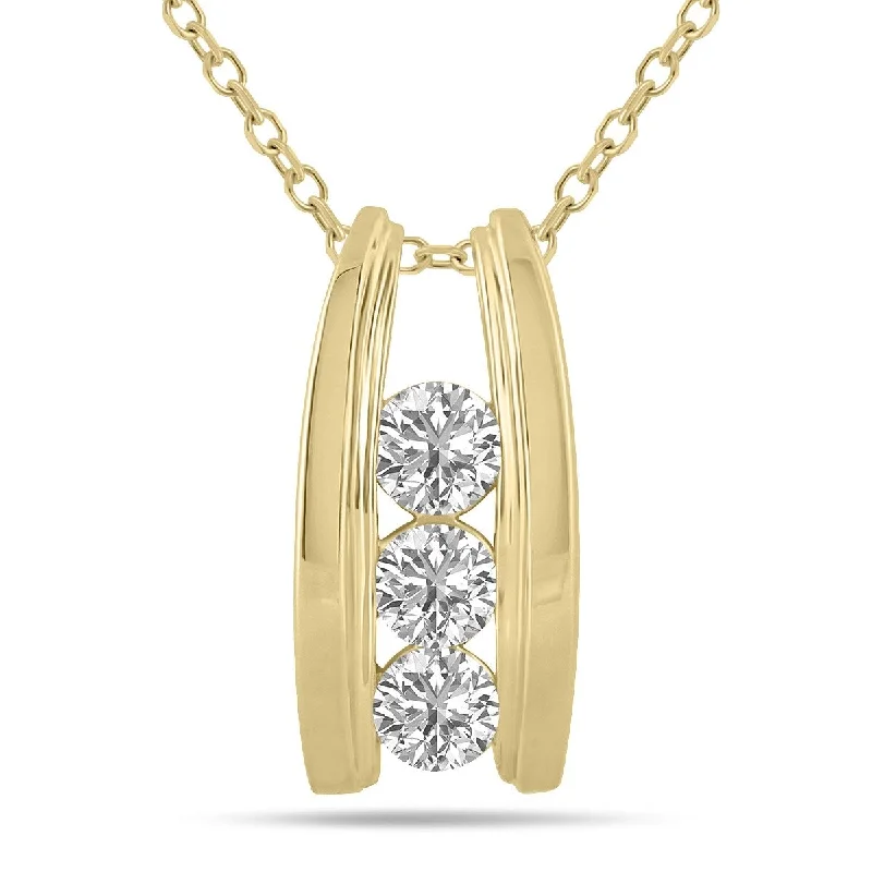 statement necklace with stones -Marquee 1.50 CTW Three Stone Lab Grown Diamond Ladder Pendant in 10K Yellow Gold