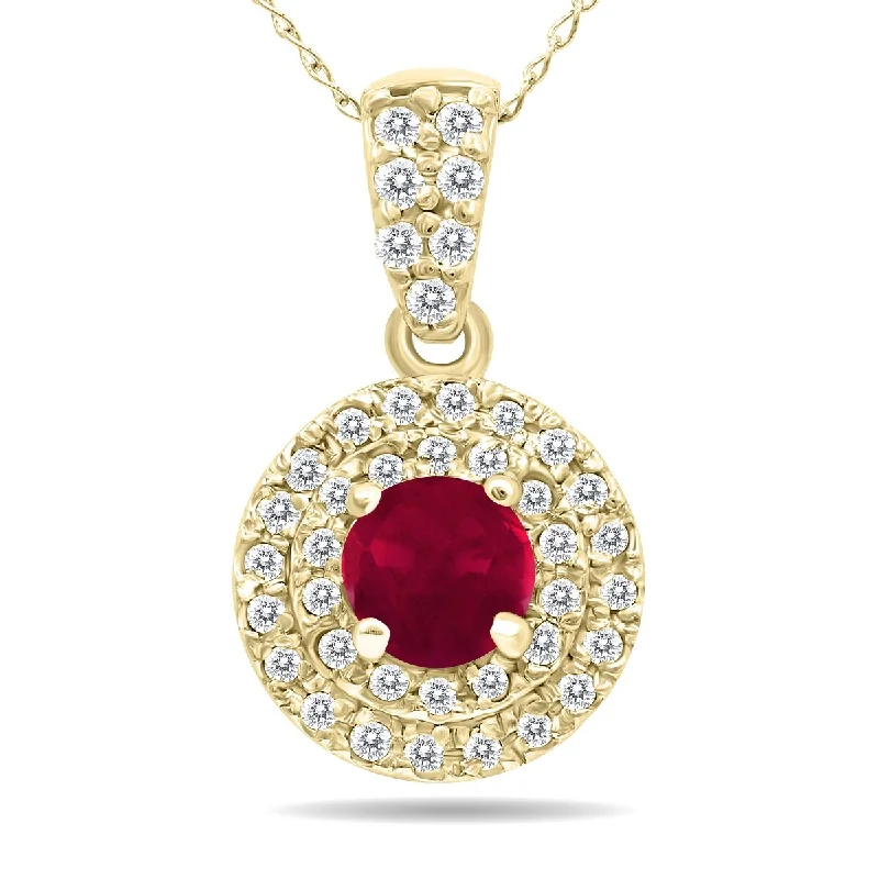 adjustable crystal necklace -Marquee 3/4 Carat TW Double Halo Ruby And Diamond Pendant in 10K Yellow Gold