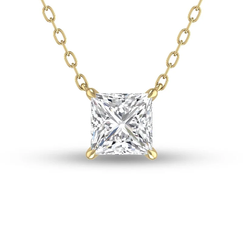 engraving necklace for gift -Marquee Lab Grown 1/2 Carat Floating Princess Cut Diamond Solitaire Pendant in 14K Yellow Gold