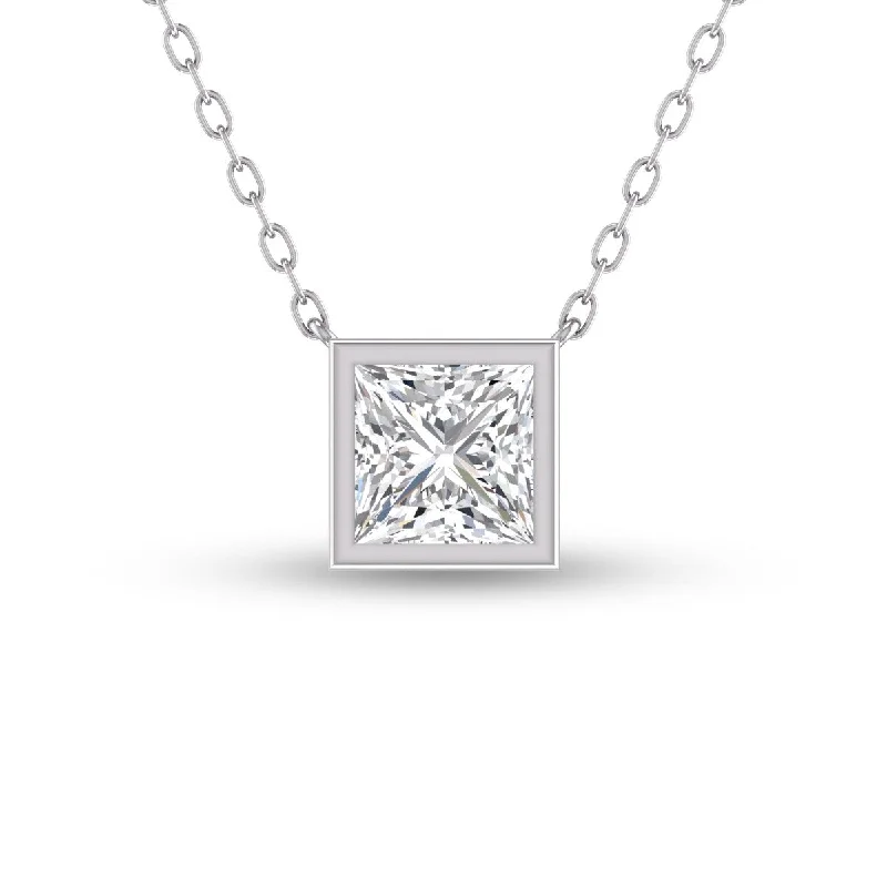 boho gemstone necklace -Marquee Lab Grown 1/4 Carat Princess Cut Bezel Set Diamond Solitaire Pendant in 14K White Gold