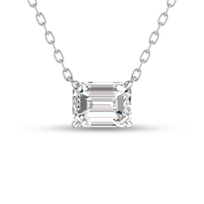 layered gold necklace -Marquee Lab Grown 1 Carat Floating Emerald Diamond Solitaire Pendant in 14K White Gold