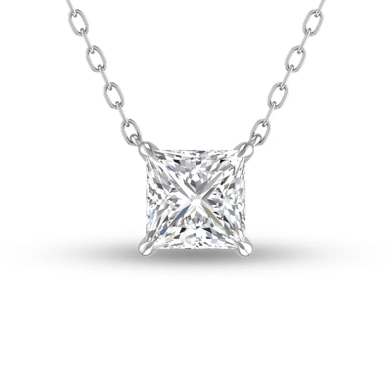 minimalist necklace design -Marquee Lab Grown 1 Carat Floating Princess Cut Diamond Solitaire Pendant in 14K White Gold