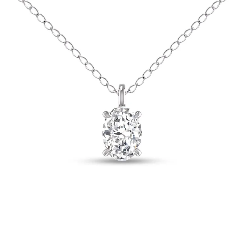 trendy charm necklace -Marquee Lab Grown 1 Carat Oval Solitaire Diamond Pendant in 14K White Gold