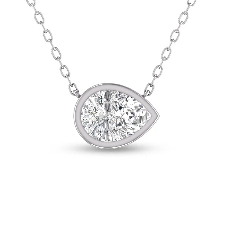 personalized birthstone necklace -Marquee Lab Grown 1 Carat Pear Shaped Bezel Set Diamond Solitaire Pendant in 14K White Gold