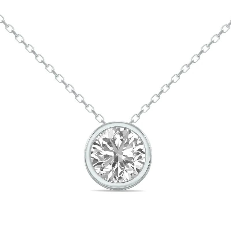 trendy crystal necklace -Marquee Lab Grown 3/4 Carat Round Solitaire Diamond Bezel Set Pendant in 14K White Gold