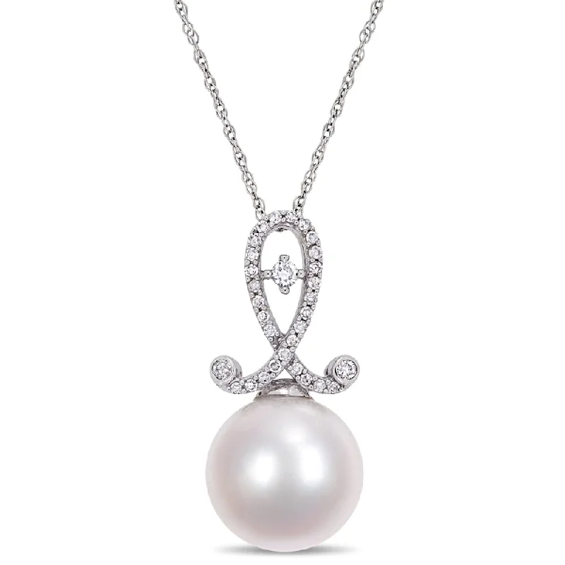 handmade gold necklace -Miadora 10k White Gold Cultured Freshwater Pearl 1/5ct TDW Diamond Drop Necklace (11-12mm)