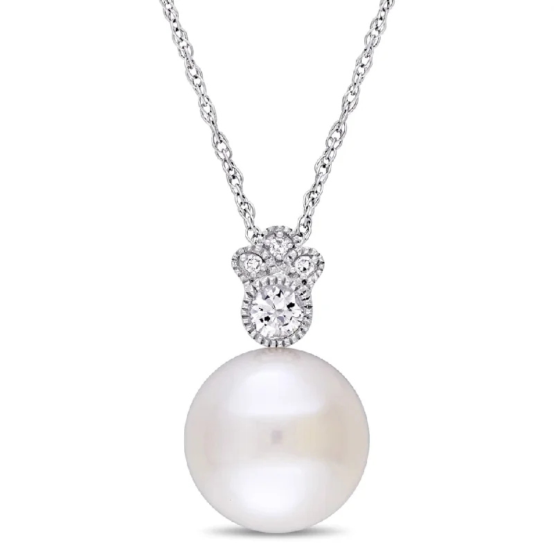 wedding necklace for bride -Miadora 10k White Gold Cultured FW Pearl, White Sapphire & 1/10ct TDW Diamond Necklace (9.5-10 MM)