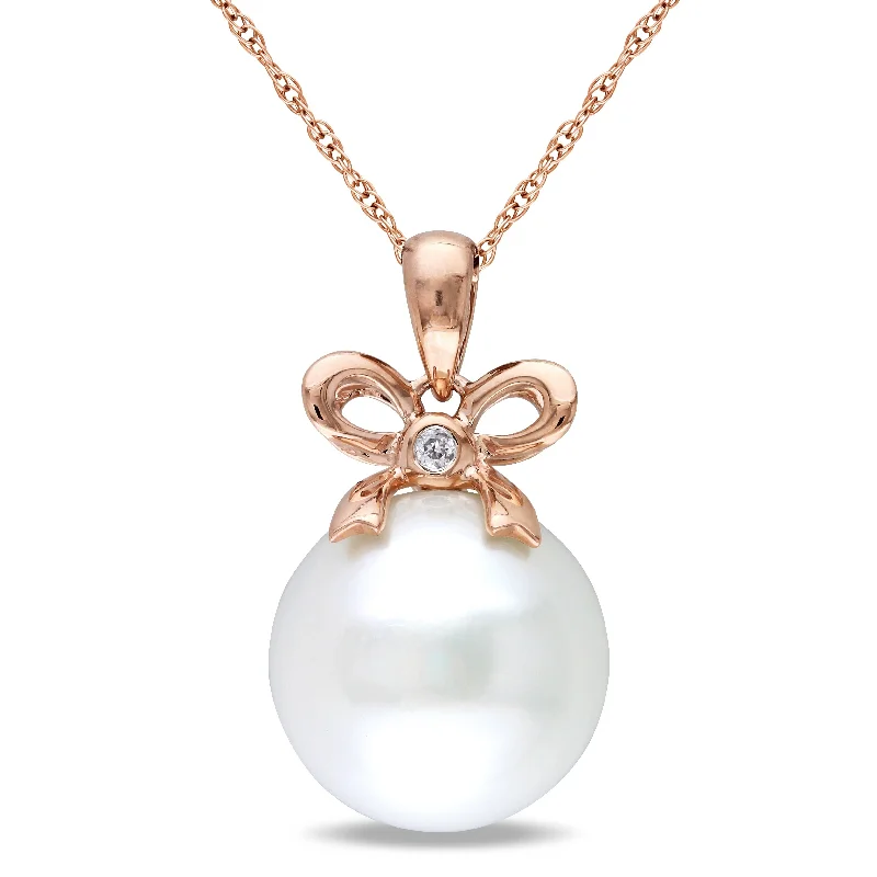 art deco necklace for women -Miadora 12-12.5mm Cultured Freshwater Pearl and Diamond Bow Drop 10k Rose Gold