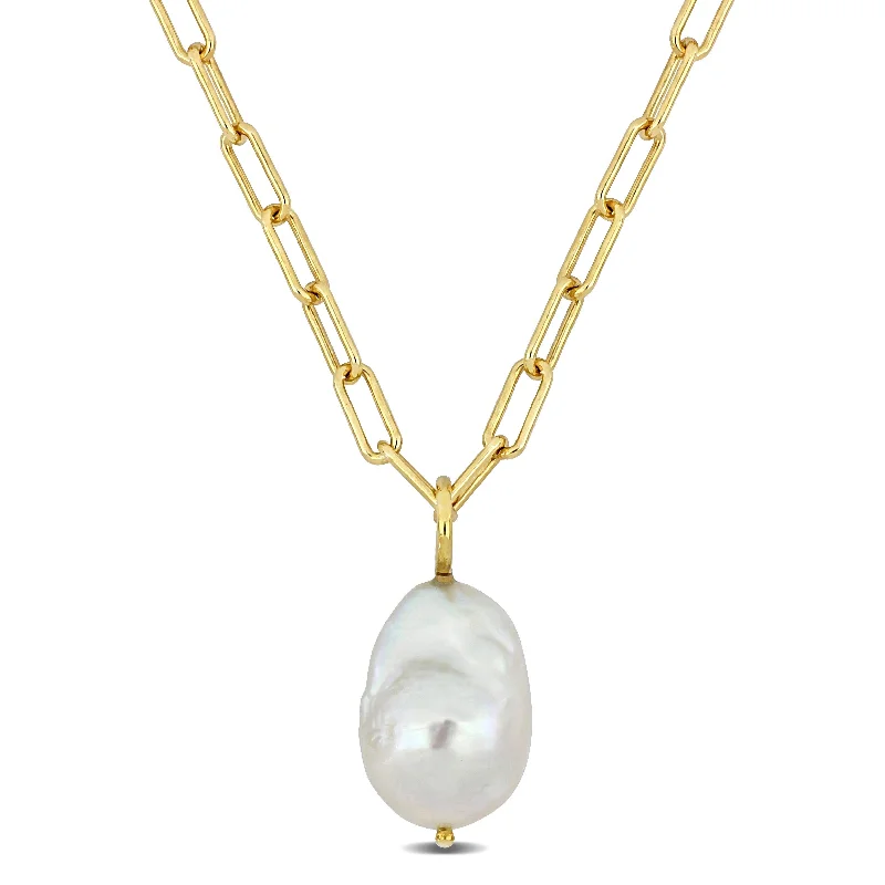 large gemstone pendant necklace -Miadora 13-14mm Natural Shape Cultured Freshwater Pearl and 3.5mm Oval Link Necklace Silver