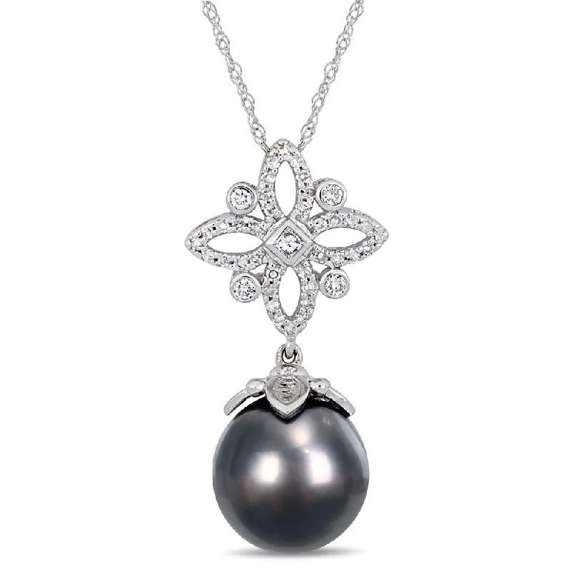 long gold necklace -Miadora 14k White Gold Black Tahitian Pearl 1/4ct TDW Diamond Floral Drop Necklace (11-12mm)