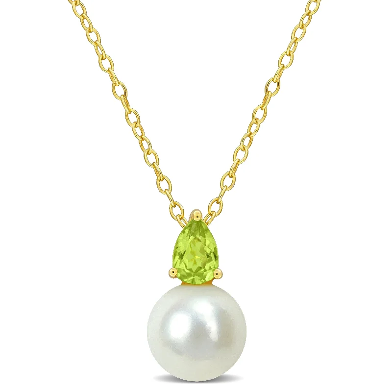 stylish chain necklace -Miadora 2/5ct TGW Peridot and 8.5-9mm Cultured Freshwater Pearl Pendant with Chain Yellow Silver - 15.5 mm x 8.6 mm