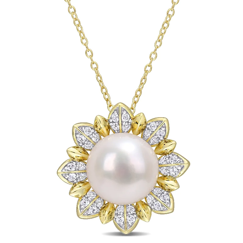 dainty necklace for women -Miadora 8.5-9mm Cultured Freshwater Pearl and 1ct TGW White Topaz Floral Yellow Silver