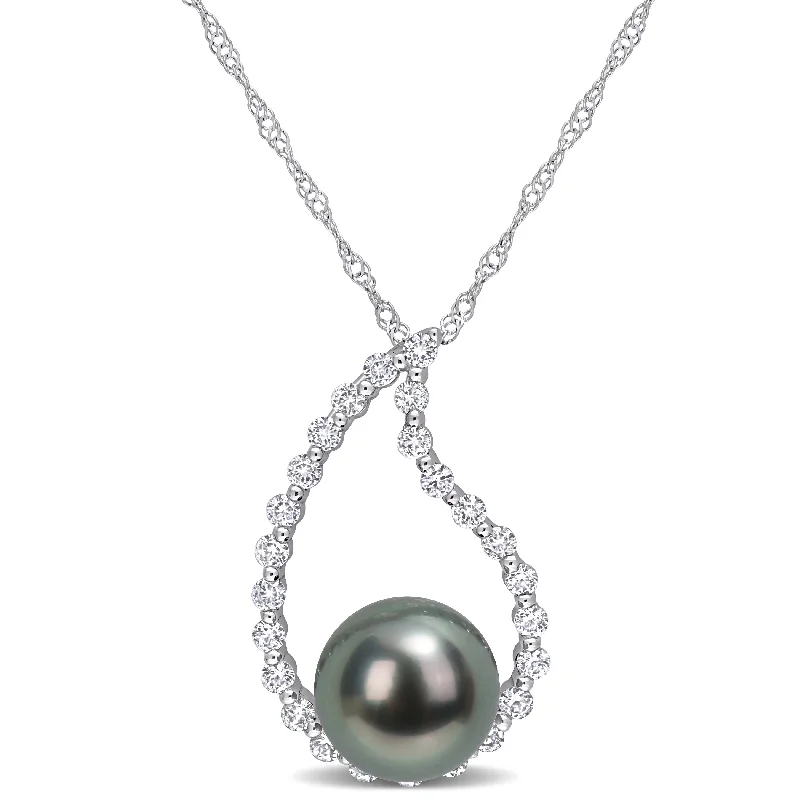 creative gemstone necklace -Miadora 8-8.5mm Black Tahitian Cultured Pearl and 3/8 ct TGW White Sapphire Teardrop 10k White Gold