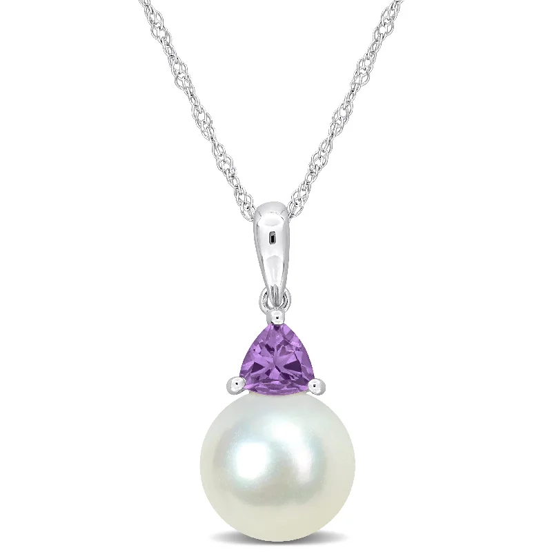 custom initial necklace -Miadora 8-8.5mm Cultured Freshwater Pearl and 1/5ct TGW Amethyst Pendant with Chain in 10k White Gold - 19 mm x 8.3 mm