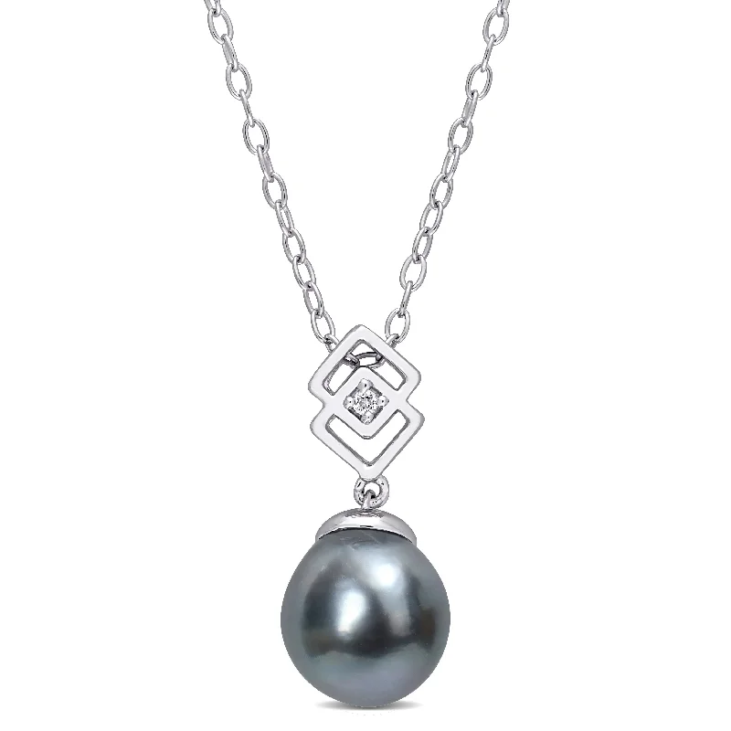 stylish gemstone pendant -Miadora 8-9mm Black Tahitian Cultured Pearl and White Topaz Lozenge Drop Sterling Silver