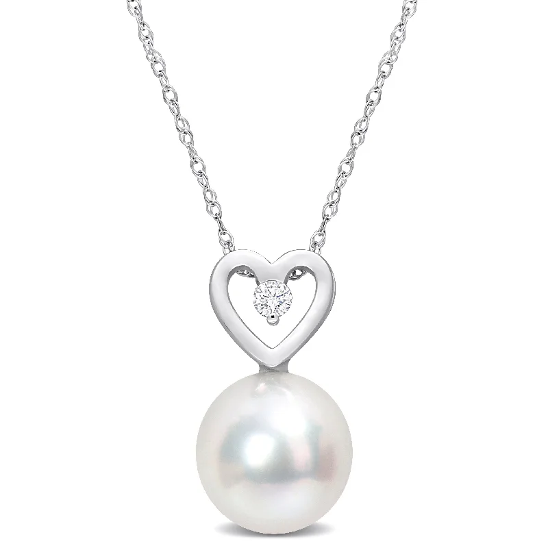 handmade gemstone necklace -Miadora 9.5-10mm South Sea Cultured Pearl and Diamond Accent Heart Drop 10k White Gold