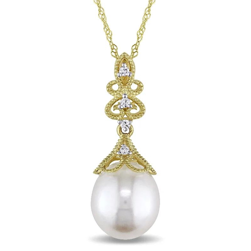 retro gemstone necklace -Miadora 9-9.5mm Cultured Freshwater Pearl and Diamond Vintage Drop 14k Yellow Gold