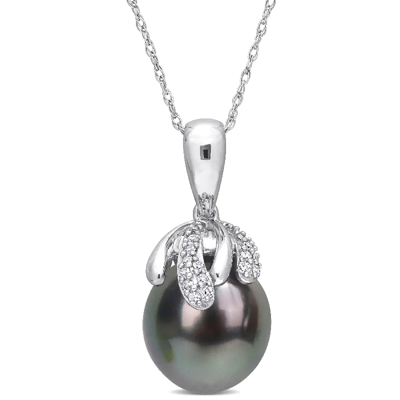 gold chain necklace for women -Miadora Black Tahitian Cultured Pearl and Diamond Accent Drop Pendant in 14k White Gold (9-10mm)