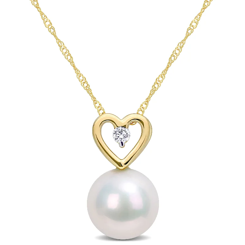 silver necklace with initials -Miadora Cultured Freshwater Pearl & Diamond Accent Heart Drop Necklace in 10k Yellow Gold (9.5-10mm)