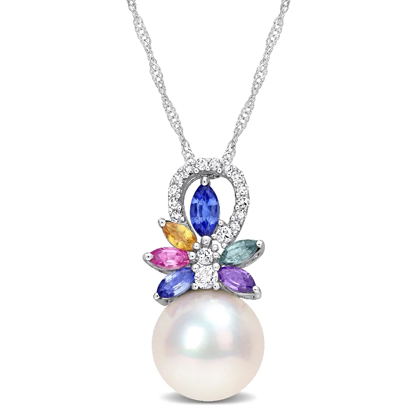 custom name necklace for girls -Miadora Diamond Accent and 4/5 CT TGW Multi Color Sapphire and Freshwater Cultured Pearl Pendant with Chain 14k White Gold