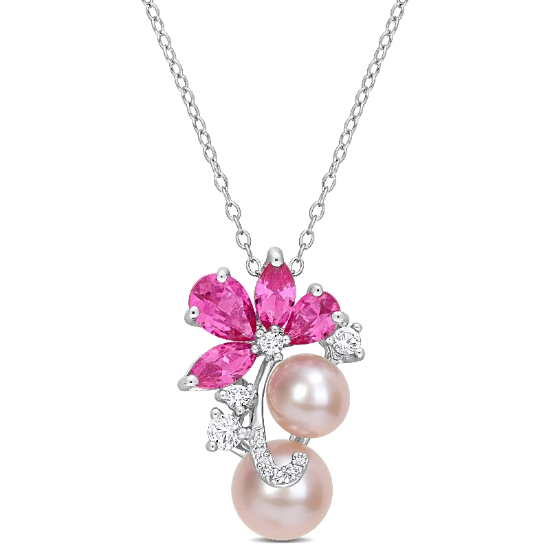 personalized infinity charm necklace -Miadora Pink Cultured Freshwater Pearl & 3 1/8 CT TGW Created Pink and White Sapphire Pendant with Chain in Sterling Silver