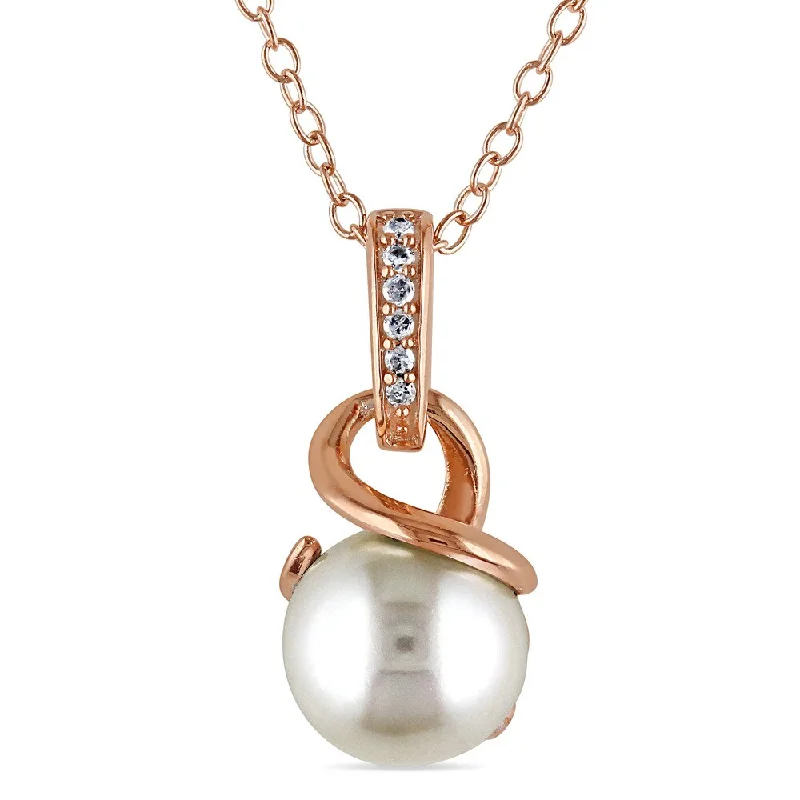 gold heart necklace -Miadora Rose Goldplated Silver Cultured Freshwater White Pearl and Diamond Accent Necklace (8-8.5 mm)