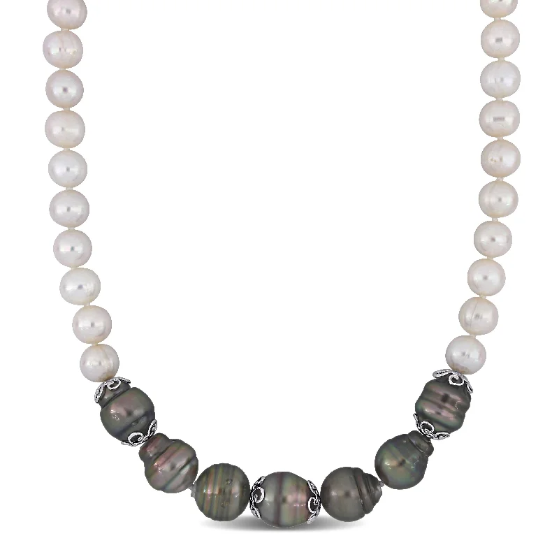 amethyst necklace for women -Miadora Sterling Silver Cultured Freshwater and Tahitian Pearl Station Strand Necklace (9-15 mm) - 18 inch x 15 mm x 15 mm