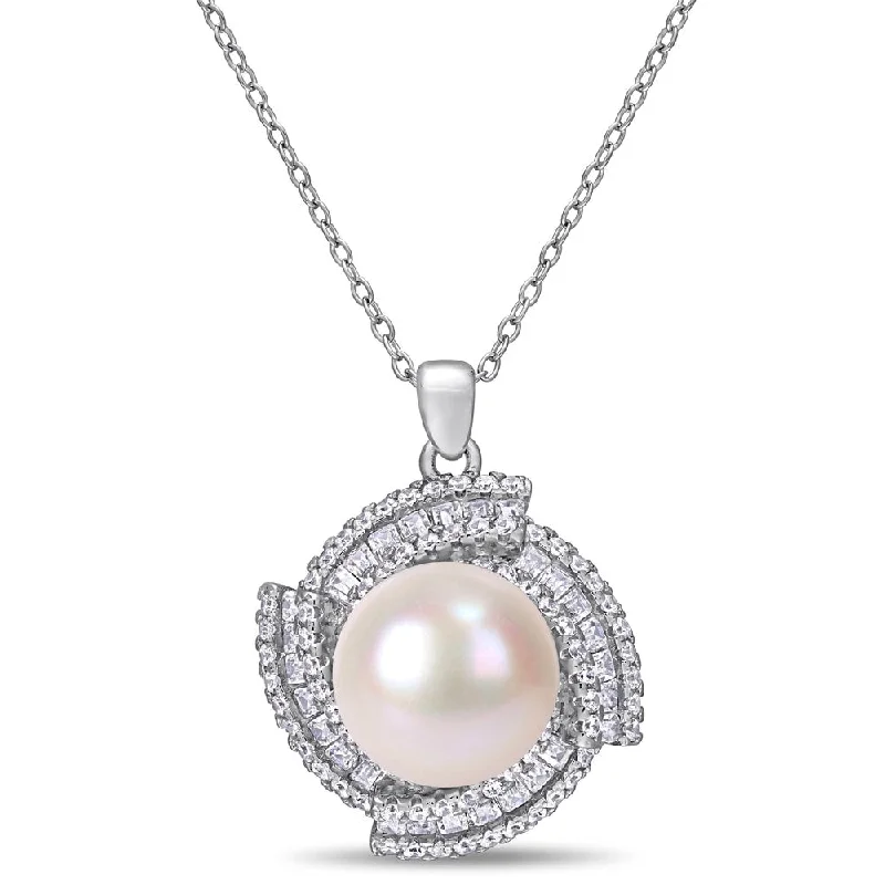 butterfly charm necklace -Miadora Sterling Silver Cultured FW Pearl and CZ Swirl Halo Necklace (12-13 mm)