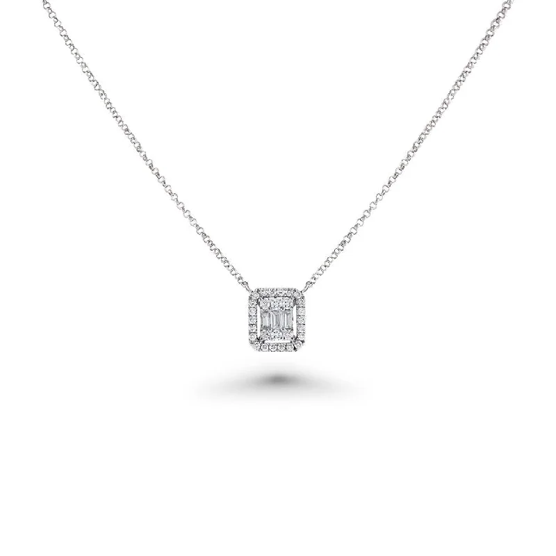 romantic couple necklace -Double Halo Baguette Diamond Rectangular Shape Necklace (0.28 ct.) in 14K Gold