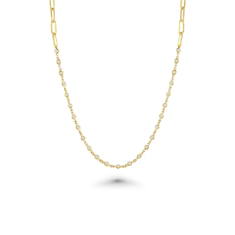 elegant diamond necklace -25 Stone Diamonds By The Yard Station Necklace & Half Paper Clip Chain (1.00 ct.) Bezel Set in 14K Gold